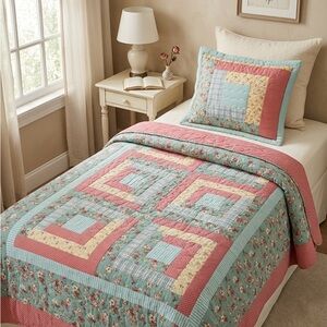 Twin Quilt Set Floral Patchwork Cottagecore Farmhouse Bedding w Sham